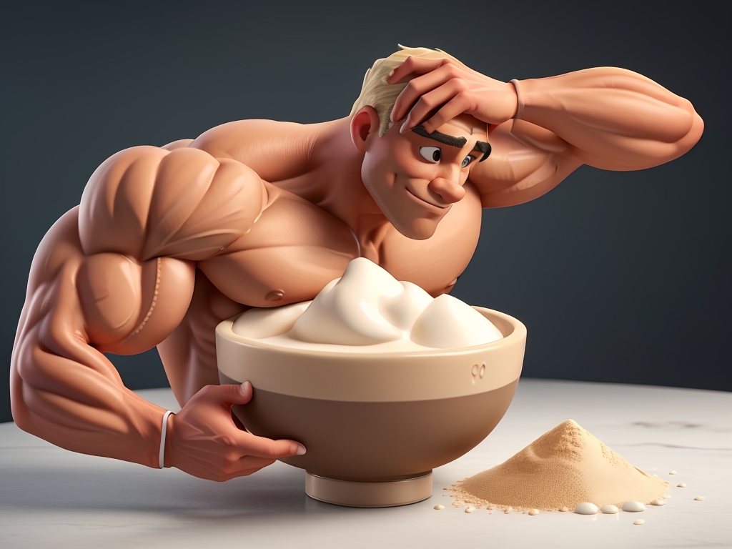 A bowl of whey protein stimulating muscle growth in a human being